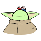 A bust drawing of a large cartoon-like axolotl with green-colored skin and pointy ears. He's dressed in a brown robe while wearing a dark orange and white striped hat stacked on a red and blue hat.