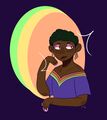 A chest up drawing of Basilio Mason. Basilio is a Black person with warm brown skin, short afro-textured hair dyed green except at the roots, and red iris contacts. He is wearing an off the shoulders purple shirt with a green, orange, and red stripe along the collar to match the Taco's colors. He has pink eye shadow, long pink acrylic nails with white tips, and large golden triangular earrings. Basilio is looking off to the side smiling just slightly. The background is dark purple with three ovals around Basilio in the green, orange, and red colors to fit the team color scheme.