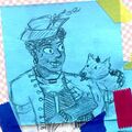 A sketch drawing of Malin Jolly, an older Black woman with curly short hair, dark skin, and wrinkles. She is wearing a pirate outfit. Mugs Cone, a corgi dog, is sitting with his head on her shoulder.