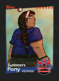 A digital drawing of Summers Pony, a heavyset Mexican-American woman with medium brown skin and dark brown hair in a long braid down her back. She has a glowing purple horsemint flower tucked behind her ear, and a green friendship bracelet on. She is looking over her shoulder worriedly. She is wearing a blue and red Garages uniform. The image is also a Tlopps card with her name on it and the Garages logo.