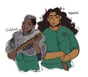 A color drawing of Siobhan Chark and Hercules Alighieri. Siobhan is short and Black with shaved silver hair and a furry seal coat. Hercules is tall and fat with golden brown skin, long flowing hair, and a red piece of coral worn as a laurel. They're wearing green blaseball uniforms.