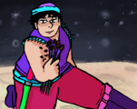 A digital drawing of Chet Takahashi sticking the landing in a slide while brandishing a bouquet of wilting flowers. Chet is a stocky Japanese-Canadian man with short black hair and pale skin, wearing a brightly colored outfit and a purple beanie with a sword on his belt. He is pictured on the moon.