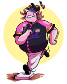 A digital drawing of Richmond Harrison, a big pink axolotl that is your friend, running up to base. He is wearing a black and pink Dale jersey with blue and yellow accents. On his head are the hats of all the teams he has played for in the past, the Canada Moist Talkers, Hades Tigers, Hellmouth Sunbeams, and a Dale cap. These hats are flying off as he runs.