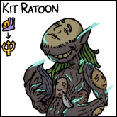 Digital artwork of Kit Ratoon. Kit is a Welsh dryad made from petrified wood, with many masks carved into his body. He is holding a knife in his left hand, and a partially carved mask with his right hand. He has a grin on his face, and various parts of his body are glowing blue.