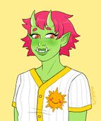 An image of Eugenia Bickle, depicted as an orc. She's wearing a Sunbeams home jersey and is smiling. She has light green skin and short, spiky pink hair. 2 of her bottom teeth stick out and over her top lip. She is has a light dusting of freckles across her cheeks and is blushing. Her eyebrows are slightly raised, and she has 2 small horns.