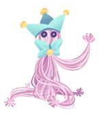 A digital drawing of Hellmouth Sunbeams player Phineas Wormthrice. Ey're a little creature made of pink, worm-colored string with button eyes wearing a light blue jester cap and bow with little bells. One of eir arms is raised in a wave.