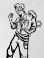 A digital black-and-white ink drawing of Val Hitherto, a Japanese trans man with short spiky hair. He is wearing a pair of round steampunk goggles and coveralls, and is holding a large gem up to inspect. A chameleon sits on one shoulder.