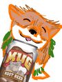 A digital drawing of Mugs Cone, an orange corgi with leaves on his back, drinking happily out of a can of Mug Root Beer.