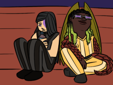 A digital drawing of Nagomi Nava and Tot Best. Nagomi wearing a Sunbeams Shadows uniform, and has long black hair covering the left side of her face, and is holding a water bottle. She's sitting next to Tot, a dark-skinned individual with dark locs dipped in green wax and purple-tinted glasses wearing a yellow striped Sunbeams uniform. His arms are covered in scales similar to a pangolin, and he has a pair of wings folded behind him.