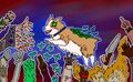 A digital drawing of Mugs Cone, a corgi jumping in the air joyfully over a whole bunch of hands, all with various accessories like an apple, kandi bracelets, a foot with rocket shoes, slime, a knife, a cow hoof, plants, kitsune tails, a bunch of small hummingbirds, an alien hand, a sweater, etc. The corgi has green leaves flying off him and is grinning. The background is red and blue.
