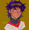 A digital bust drawing of Val Hitherto, a Japanese trans man with short messy purple hair and an eyepatch. He has a pair of goggles on his head and some stars on his cheek, and is looking at the viewer with a confident smirk.
