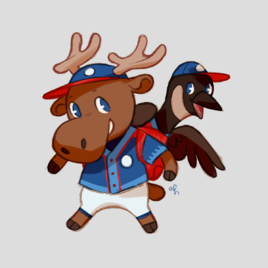 A Cartoon-Style drawing of a Moose and a Goose wearing Blaseball jerseys and hats