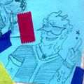 A sketch of a slime person with rockstar sunglasses and a Garages jersey on, drawn on a blue sticky note with tape all around it.