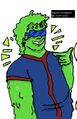 A digital drawing of Augustus Betelgeuse. Gus is a chubby green starry slime person with star earrings and blue shades. They are doing finger guns and wearing a blue and red uniform