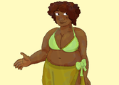 A drawing of Lori Boston. She is a chubby black woman wearing bikini top and a wrapped skirt. She is smiling at the viewer and it looks like she is bathed in sun.