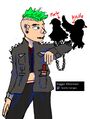 A digital drawing of Dagger Silverware, a white nonbinary person with pale skin and a green Mohawk. They are wearing a spiked leather jacket and a cropped Garages jersey. There is a fork and a knife in the pockets. They are holding out their arm for two crows to stand on. The crows have a chain in between them. Text reads Dagger Silverware.