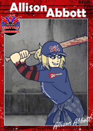 Blaseball card of Allison Abbott, batter for the Seattle Garages. She is lined up to swing.