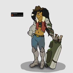 Portait of Fran Beans, a cyborg cowboy woman with a gold bag of swords